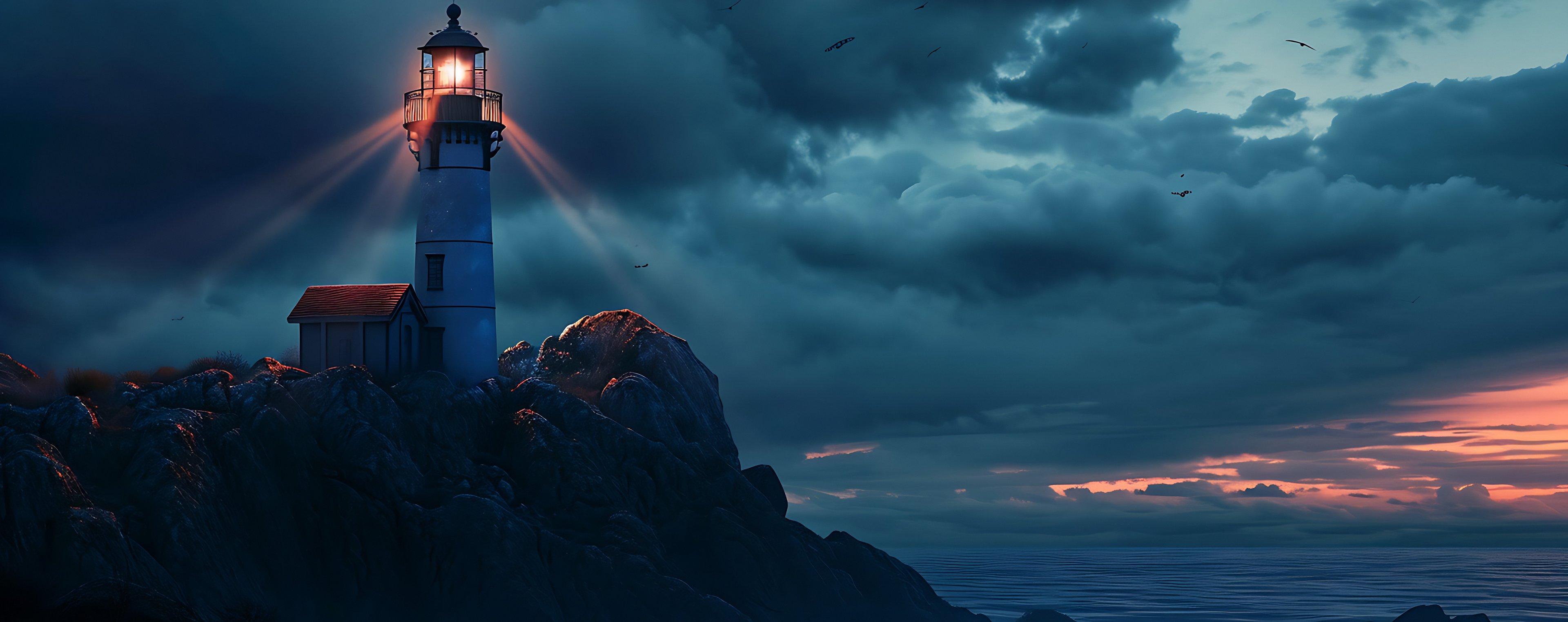 A lighthouse beam cutting through storm clouds over the sea at dusk